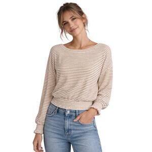 LOFT Striped Ribbed Knit Top Elastic Waist Smocked Cuffs Size L